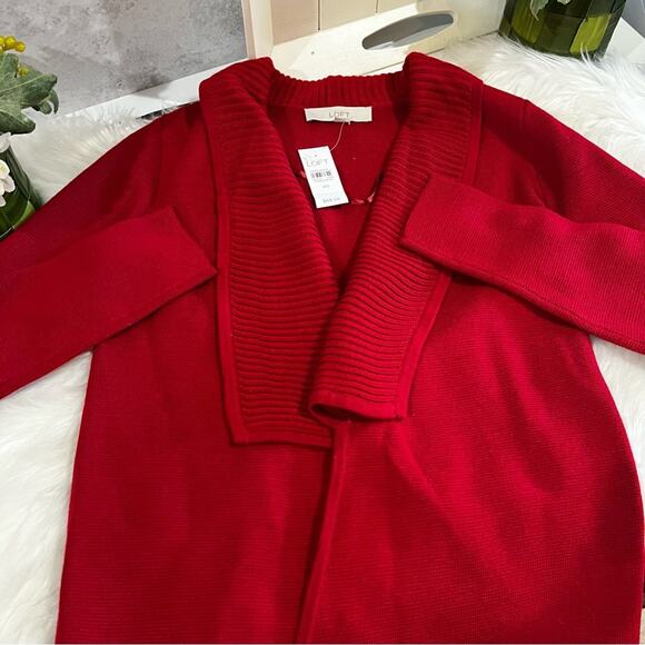 NEW Ann Taylor Loft Merino Wool Ribbed Shawl Collar Cardigan Sweater Red XS NWT - Picture 9 of 14